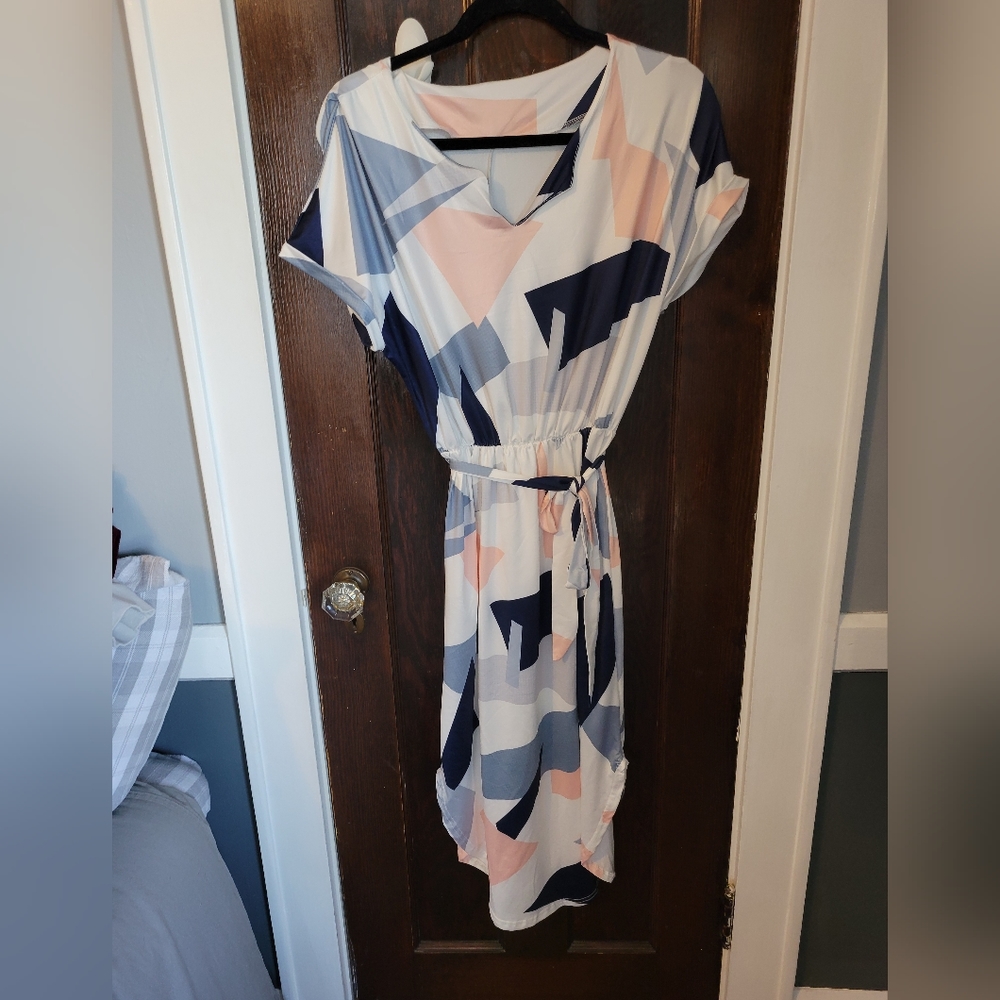 White Blue Pink Geometric Pattern Dress